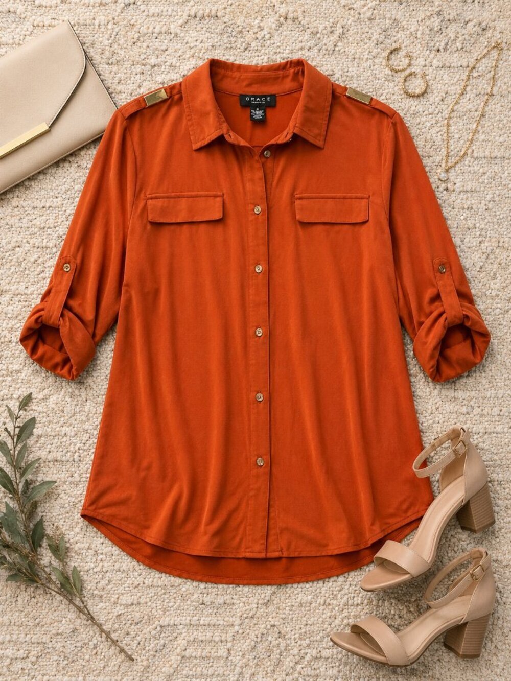 Grace Rust Satin Button Down Top Size XS NWT Classic Collared Blouse
